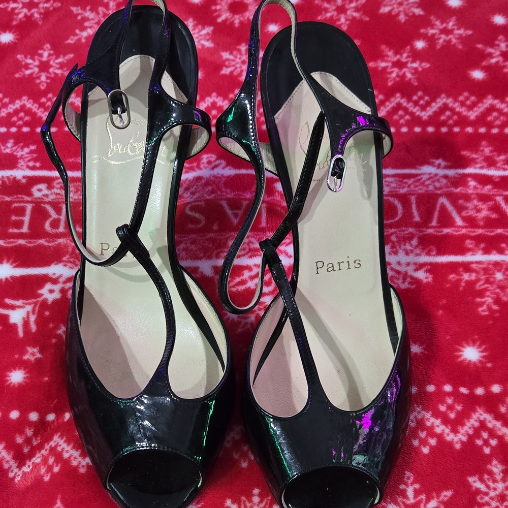 Louboutin Black Patent Leather Slingback Heels - Picture 2 of 16